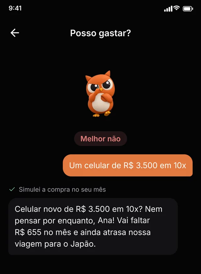 Tela Posso gastar? do app Tobbo: a coruja responde que um celular de R$ 3.500 em 10x não cabe no mês