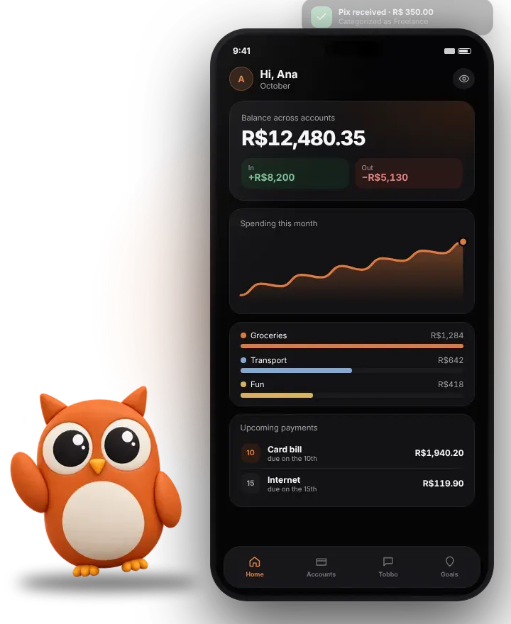 Tobbo Finanças: expense tracker app with Open Finance and AI
